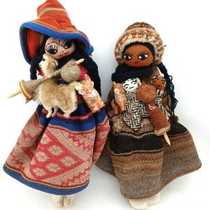 Colorful Tall Peruvian Handmade Doll Holding Llama 17" Baby Corn Clay Animal lot